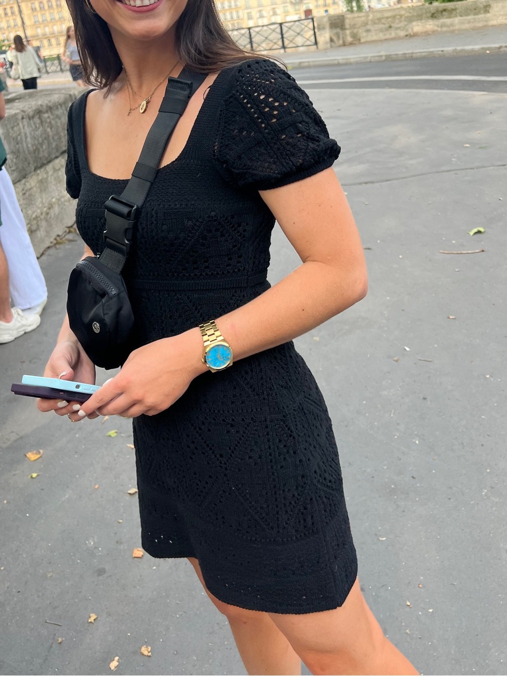 Zara Black Crochet Puff-Sleeve Mini Dress